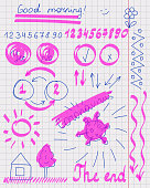 istock Page of school notebook with margins with doodles and inscriptions in marker and pen.Sketches,strokes,arrows,different elements. 1355116379