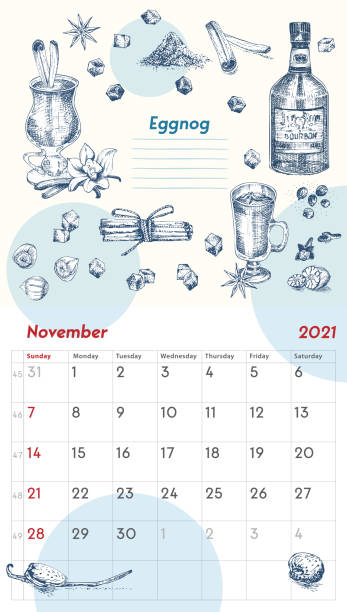 2021 Page of wall vintage calendar planner. November month. Week starts on Sunday. Alcohol bar theme. Eggnog cocktails Retro poster Place to write recipe Sketch engraving style illustration 2021 Page of wall vintage calendar planner. November month. Week starts on Sunday. Alcohol bar theme. Eggnog cocktails Retro poster Place to write recipe Sketch engraving style vector illustration eggnog stock illustrations