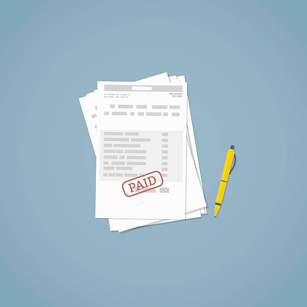 Paid invoice document Flat illustration. Documents, business papers. Stamped bill. paid stamp stock illustrations