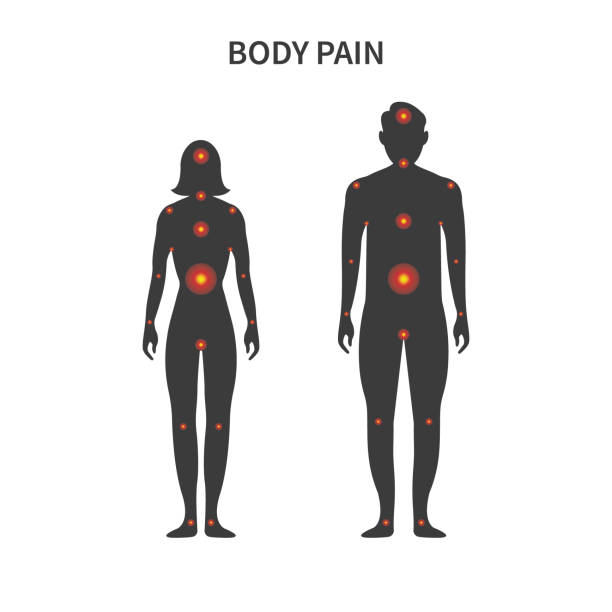 Pain points on male and female body. Silhouette of man and woman with red points of ache in body. Vector Pain points on male and female body. Silhouette of man and woman with red points of ache in body. Vector pain silhouettes stock illustrations