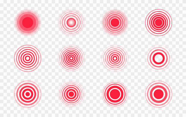 Pain red circles. Pain localization sign and pain pointings. Red rings. Sonar waves. Set of radar icons. Symbols for medical design. Vector illustration. Pain red circles. Pain localization sign and pain pointings. Red rings. Sonar waves. Set of radar icons. Symbols for medical design. Vector illustration. pain patterns stock illustrations