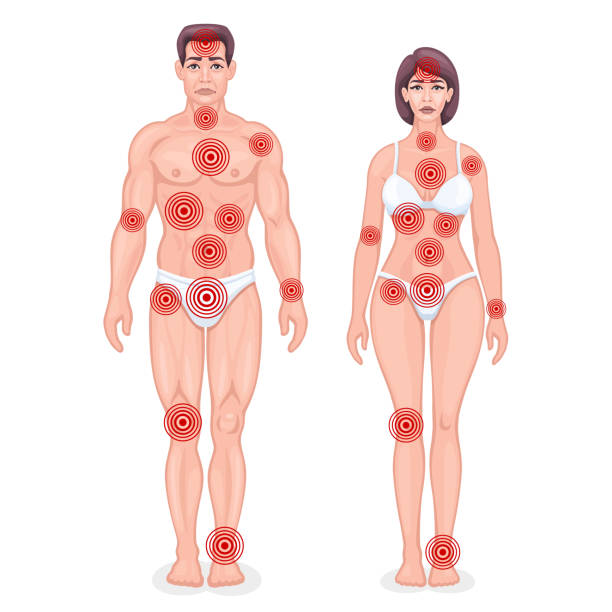 Painful points infographic concept. Male and female. Painful points infographic concept. Male and female. pain silhouettes stock illustrations