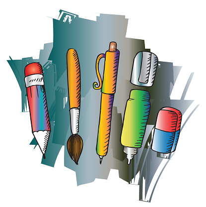 boya ve yazma araclari koleksiyonu kalem kalem silgi firca duzeltme kalemi yarim yamalak tarzi stok vektor sanati animasyon karakter nin daha fazla gorseli istock