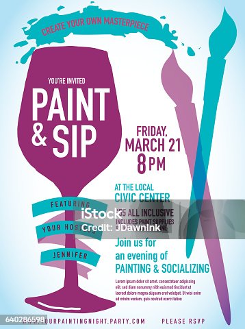 istock Paint sip night Party invitation with wine glass and brushes 640286598