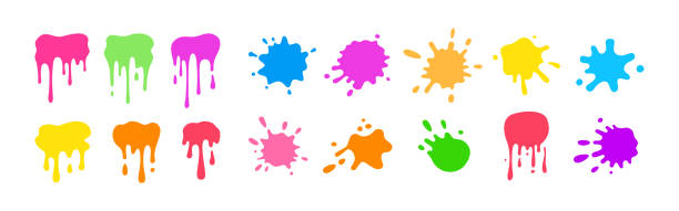 Paint splash round shape colorful spatters ink set Paint splash shape colorful set. Round ink splatter flat collection, decorative shapes liquids. Grunge splashes, drops, spatters cartoon style. Stain colored collection. Isolated vector illustration splattered stock illustrations