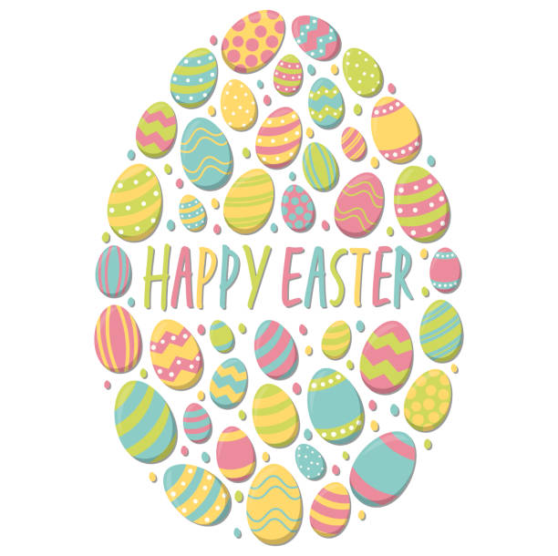 painted easter eggs with greetings eps vector illustration of painted easter eggs with different colors combined to form a large egg and easter time greetings on white background easter sunday stock illustrations