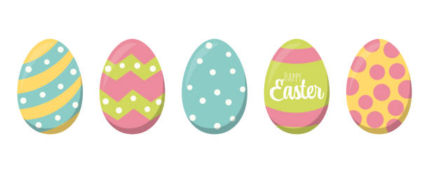 painted easter eggs with greetings eps vector illustration of simple painted easter eggs with different colors and patterns and easter time greetings easter sunday stock illustrations