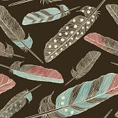 A seamless pattern of painted feathers in red, blue and brown. Separated to layers, global colours, easy to change up!
