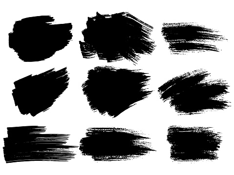 Painted grunge stripes set. Black labels, background, paint texture. Brush strokes vector. Handmade design elements.