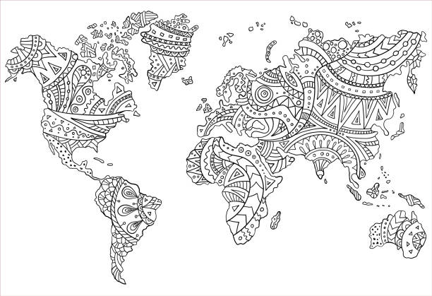 A painted map of the world. Vector illustration. Ethnic pattern on the world map. Vector doodle continents drawn by hand. Template for coloring the page. coloring book pages templates stock illustrations