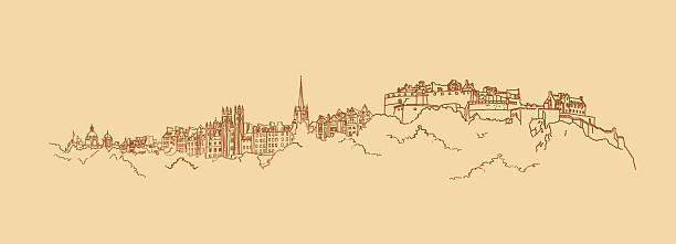 Painted panorama of the historic part of Edinburgh Drawing - sketch in beige and brown colors with a view of the historic part of Edinburgh. Sketch combined from different parts of the city. It portrays a fortress on Castle rock, building of the University and other attractions of the capital of Scotland. Figure and background in different layers it allows to make them any color. edinburgh scotland stock illustrations