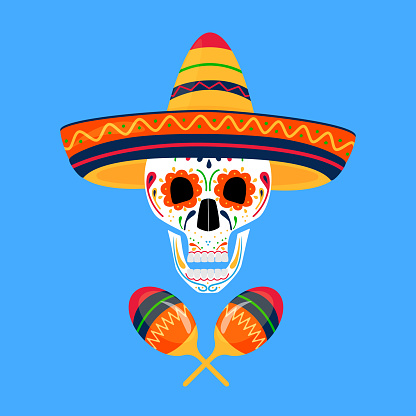 Painted sugar skull in sombrero and with maracas. Day of the Dead in Mexico. Dia de los Muertos