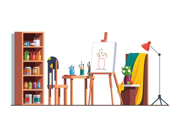 maler-künstler-workshop mit leinwand, staffelei, farben - papier blumen studio stock-grafiken, -clipart, -cartoons und -symbole