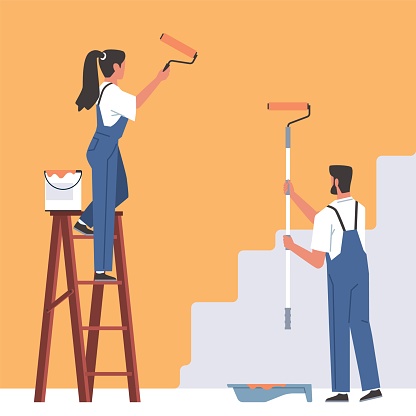 Painters paints wall. Professional decorators making renovation, change surface color, construction repairs finishing works, craftsman man and woman with roller, vector concept