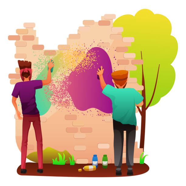 Painting graffiti on wall flat vector illustration Painting graffiti on wall flat vector illustration. Rebellious teenagers drawing on building cartoon characters. Street artists making inscription. Urban art, spray painting on house isolated clipart vandalism stock illustrations