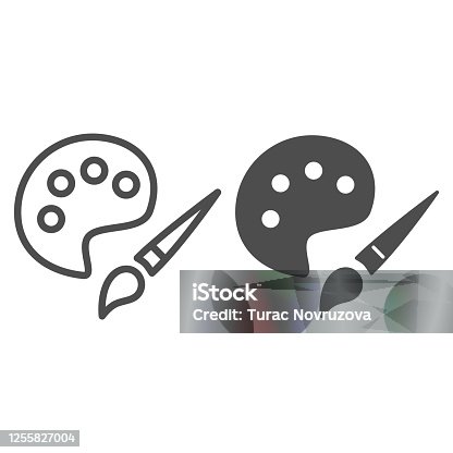istock Paints and brush line and solid icon, drawing concept, Paintbrush with palette sign on white background, Wooden palette with paints and brush icon in outline style for mobile concept and web design. 1255827004
