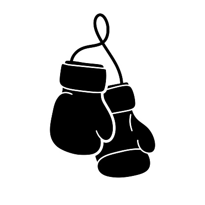 Pair of boxing gloves on string. Silhouette doodle icon. Hand drawn simple illustration of attribute for sport. Black isolated vector pictogram on white background