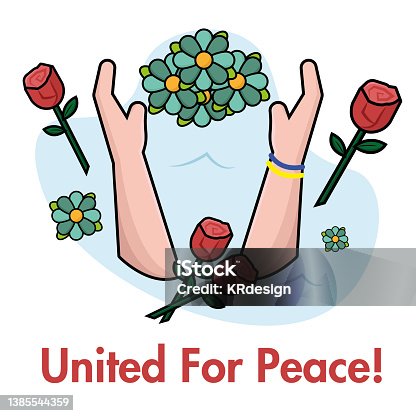 istock Pair of cartoonish hands holding flowers and roses World peace Vector 1385544359