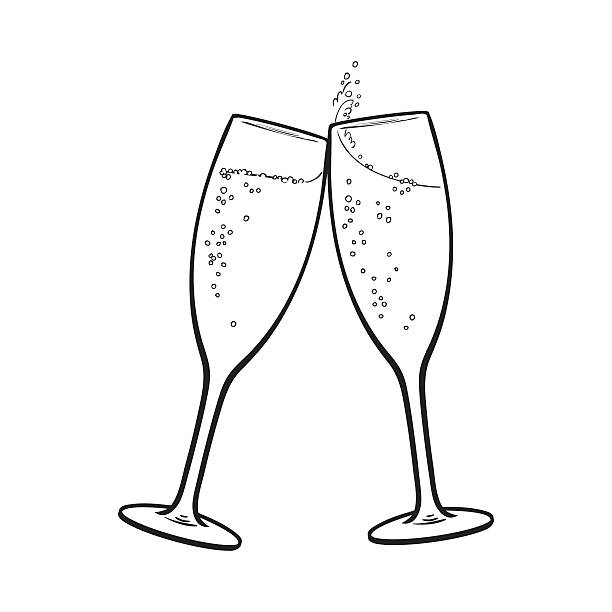 Pair of champagne glasses, holiday toast Pair of champagne glasses, set of sketch style vector illustration isolated on white background. Hand drawn glasses with bubbly champagne, cheers, holiday toast champagne drawings stock illustrations