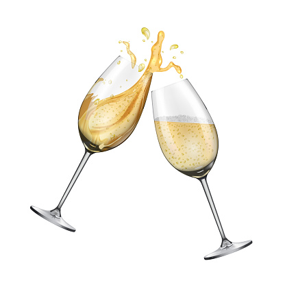 Pair of champagne glasses isolated on white background. Two glasses of champagne, realistic holiday concept. Vector illustration.