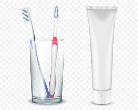 Pair of toothbrushes in a glass cup with a tube of toothpaste isolated on transparent background, realistic 3d vector illustration