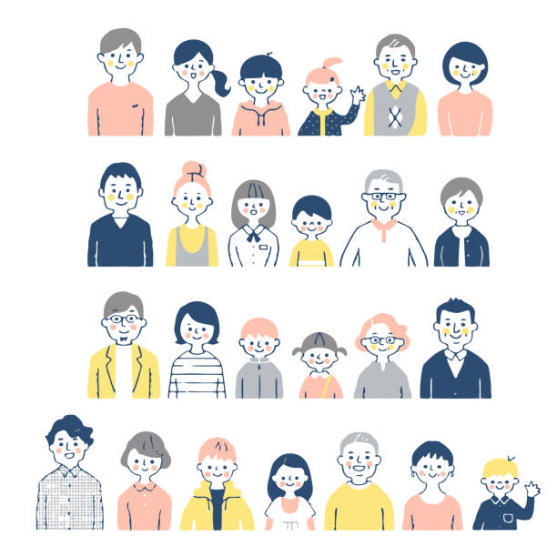 illustrations, cliparts, dessins animés et icônes de 4 paires de la famille de 3ème génération souriant(bust) - enfant famille calin