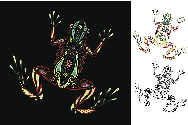Paisley Flower Poison Arrow Frog Paisley patterened Flower Poison Arrow Frog on black background.  Black has all white knocked out. tree frog drawing stock illustrations