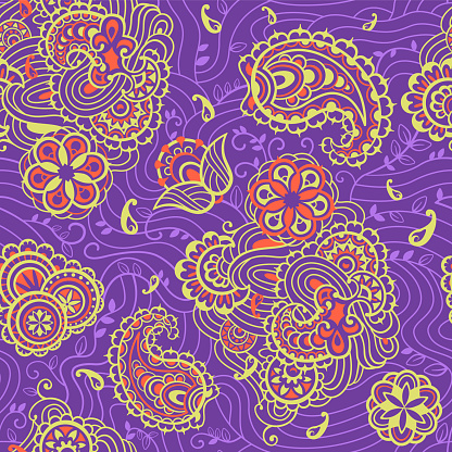 Paisley seamless pattern. Refined, subtle yellow elements on a purple background. Fashionable ethnic patterns. Vector graphics.
