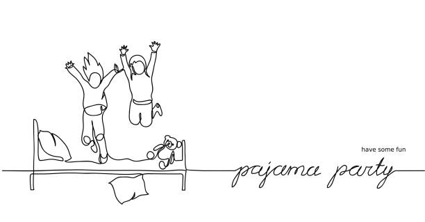Pajama party, sleepover fun. Simple vector illustration of jumping kids on the bed. One continuous line drawing sketch, outlines of pajama party Pajama party, sleepover fun. Simple vector illustration of jumping kids on the bed. One continuous line drawing sketch, outlines of pajama party. bed furniture silhouettes stock illustrations