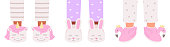 Feet in cute unicorns, hares and flamingos slippers for hen-party or children's pajama party. Vector illustration in flat style.