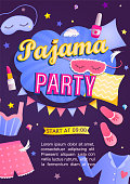 Pajama party's invitation card. Night time for kids and parents, nightwear, pillows, fun. Poster or flyer for happy event. Birthday celebration for children in pyjamas.Vector illustration.