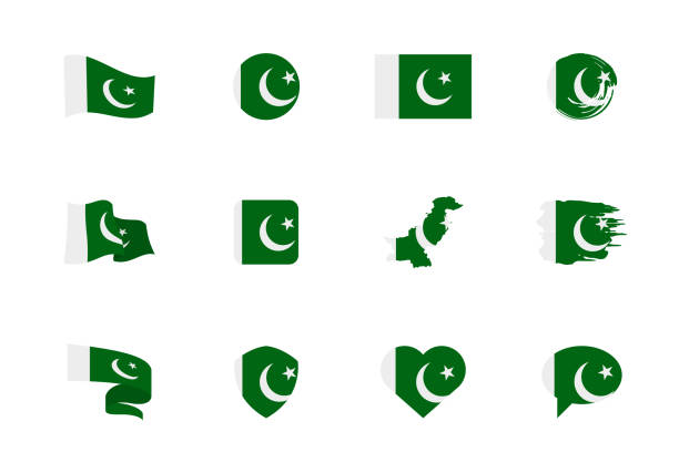 Pakistan flag - flat collection. Flags of different shaped twelve flat icons. Pakistan flag - flat collection. Flags of different shaped twelve flat icons. Vector illustration set pakistan flag stock illustrations