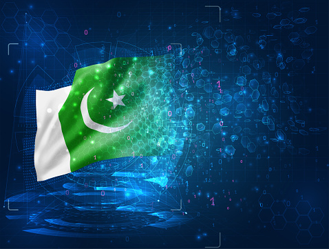 Pakistan, vector 3d flag on blue background with hud interfaces