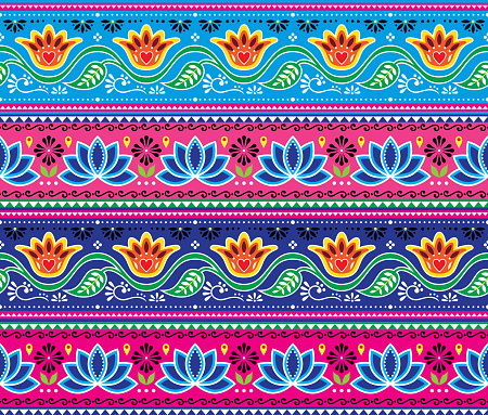 Pakistani or Indian truck art vector seamless pattern, floral cheerful design, Diwali repetitive decorations