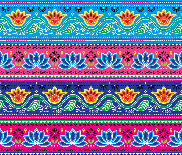 Pakistani or Indian truck art vector seamless pattern, floral cheerful design, Diwali repetitive decorations Colorful repetitive background inspired by traditional lorry and rickshaw art with flowers and swirls. Popular decor in Pakistan and India truck designs stock illustrations