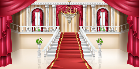 Marble pillar, classic staircase, balustrade, gold chandelier, carpet. Palace interior banner