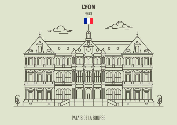 palais de la bourse w lyonie we francji. ikona punktu orientacyjnego - lyon stock illustrations