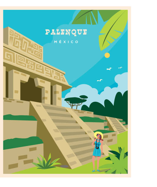 stockillustraties, clipart, cartoons en iconen met palenque de maya-ruïnes van chiapas in mexico - old stone stair