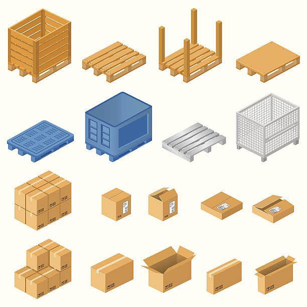 Pallets and boxes Wooden,plastic and metal pallets with boxes,vector eps 10. crate stock illustrations
