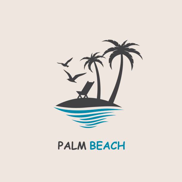 palm beach icon icon with palm trees silhouette on island island stock illustrations