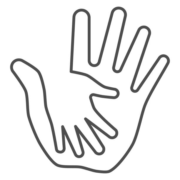 Palm of child in adult thin line icon, kids protection concept, helping hand sign on white background, child protection by parents or volunteers icon in outline style. Vector graphics. Palm of child in adult thin line icon, kids protection concept, helping hand sign on white background, child protection by parents or volunteers icon in outline style. Vector graphics human body part stock illustrations