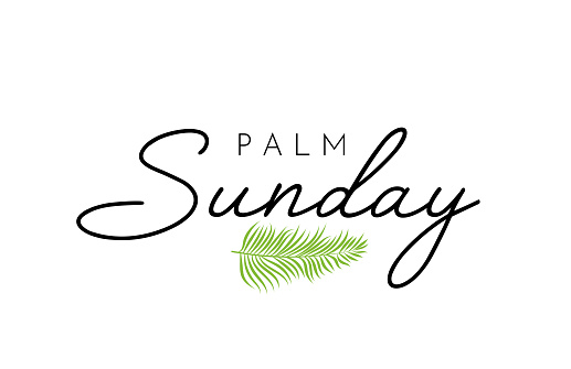 Palm Sunday lettering card with palm leaf. Vector
