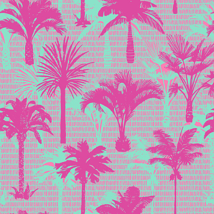 Palm tree silhouettes seamless pattern. Hand-drawn tropical plants. Trendy exotic botanical background with banana palm tree, coconut palm tree. Geometric dashed lines stitch texture.