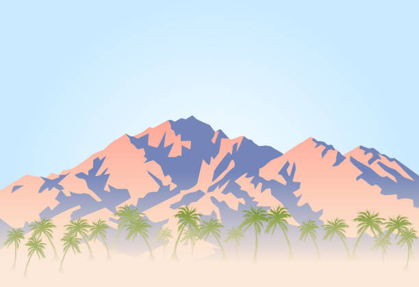 ilustraciones, imágenes clip art, dibujos animados e iconos de stock de palmeras y desierto caliente al pie de la montaña - desert