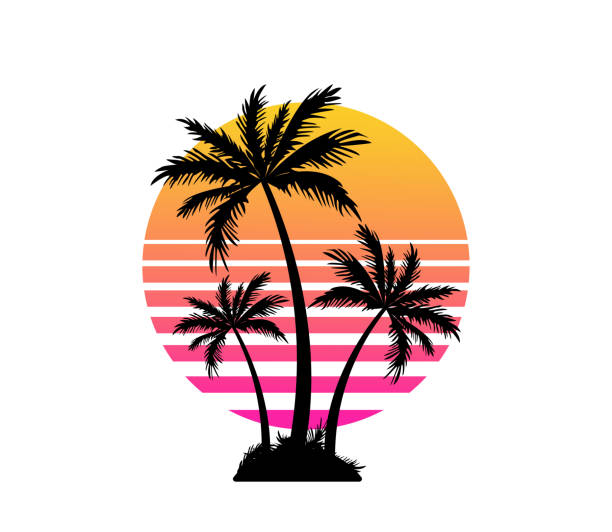 ilustraciones, imágenes clip art, dibujos animados e iconos de stock de palmeras y puesta de sol. concepto de vacaciones de verano y viajes. diseño de logotipo o camiseta. - palm trees
