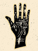 Black palmistry hand on a white textured background