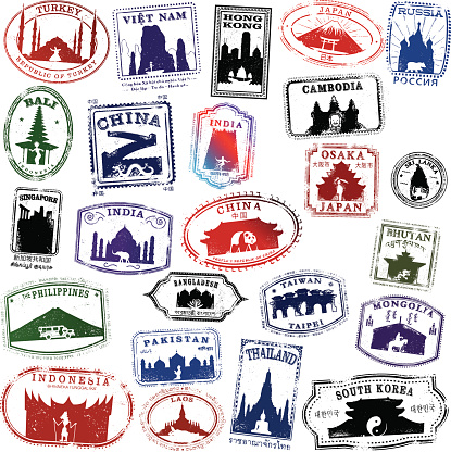 Series of Passport Style Stamps of Asian countries and locations