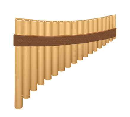 Pan flute, wooden panpipes. Ancient, rural woodwind musical instrument with pipes of different lengths. Isolated vector illustration on white background.