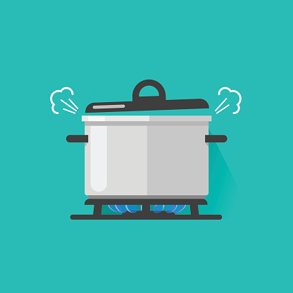 Pan with steam on gas stove fire cooking some boiling food vector illustration isolated, flat cartoon saucepan and kitchen stove