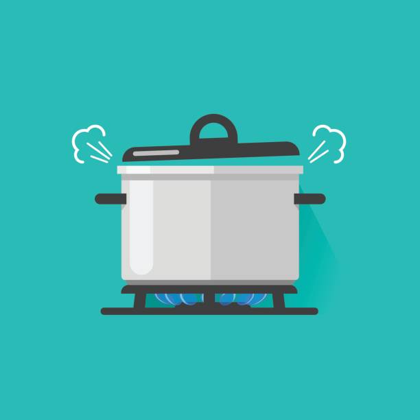Pan with steam on gas stove fire cooking some boiling food vector illustration isolated, flat cartoon saucepan and kitchen stove Pan with steam on gas stove fire cooking some boiling food vector illustration isolated, flat cartoon saucepan on kitchen stove cooking pan stock illustrations